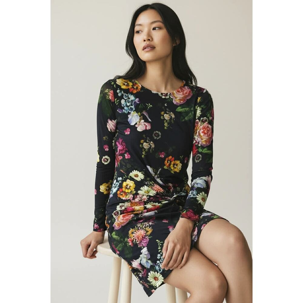 Ted Baker London Izzie Black Floral Long Sleeve Knot Front Sheath Dress Size 2